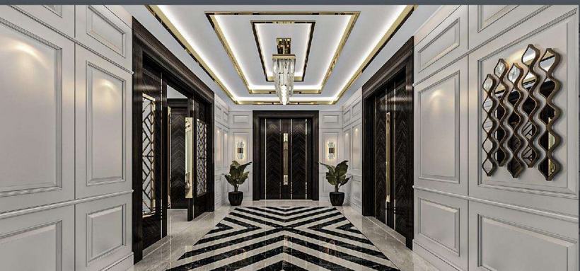 Al Rawi Villa entry hall with graphic black-and-white marble floor, Amman