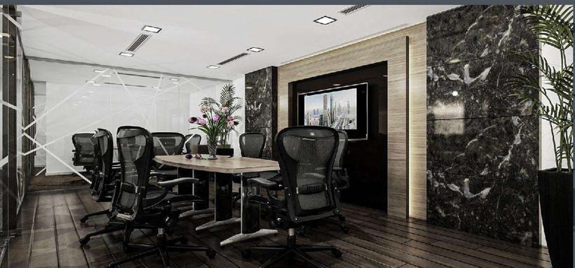 Etjar Real Estate boutique office with patterned glass partitions, Dubai