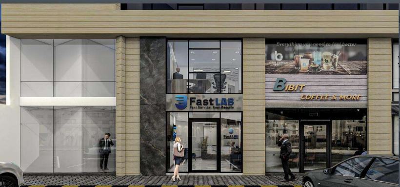 Fast Lab glazed storefront diagnostic laboratory with café adjacency, Dubai