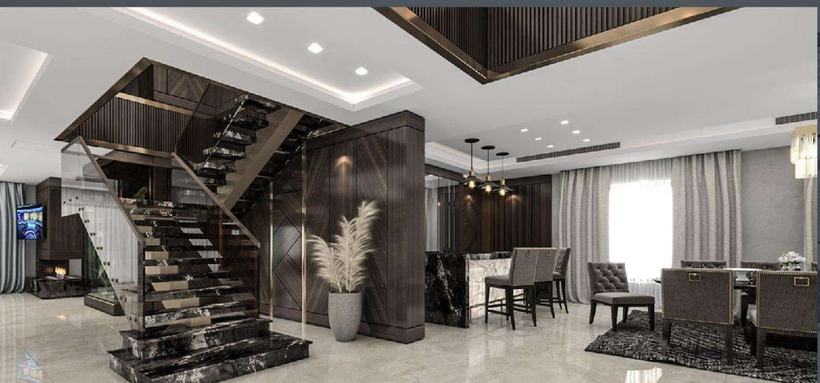 Khoury Villa floating black marble staircase with brushed bronze, Amman