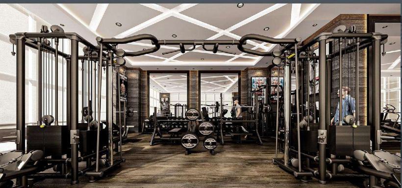Al Marfa Hotel gym with patterned ceiling rafts and full-rig stations, Abu Dhabi