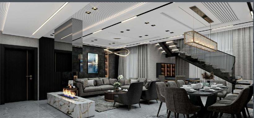 Open-plan penthouse living room with graphite staircase and onyx fireplace, Amman